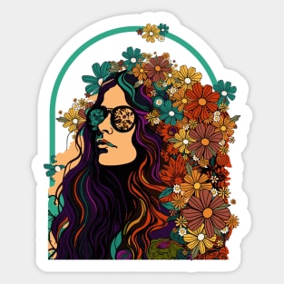 Hippie Style Girl And Colorful Flower Garden Retro Aesthetic Sticker